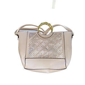 Liz Claiborne Beige Purse & Strap Silver Design Window Pane  w/Gold Tone Handle